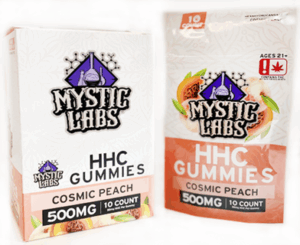 Mystic Labs – *New Product* 500mg HHC Cosmic Peach Gummies w/50mg HHC PP – 10ct Travel Bag